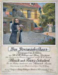 Portada de la partitura de Das Dreimaederlhaus (La Casa de las Tres Chicas) que muestra a Schubert frente a la casa, 1916 de German School