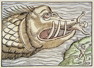 Monstruo marino devorando a una víctima humana de German School