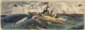Supervivientes de un naufragio a la deriva en una balsa en los Mares del Sur (grabado coloreado) de German School