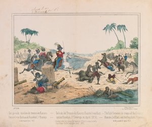 Escaramuza entre las tropas del emperador Faustin I de Haití y la República Dominicana de Santo Domingo en abril de 1851, hoja ilustrada publicada por Fried. Schulz Verlag, Stuttgart, 1851 de German School