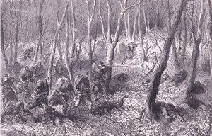 Escaramuza en los bosques fuera de París, Cassells History of the War between France and Germany publicado por Cassell and Company Limited, c.1890 de German School