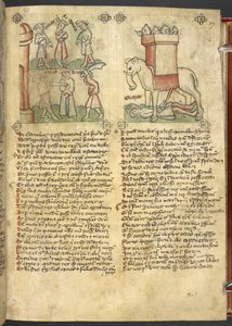 Sloane 361, f.27 El rey Codrus se entrega a sí mismo para que lo maten por su pueblo, y Eleazar Maccabeus apuñala al elefante y es aplastado por él, de 