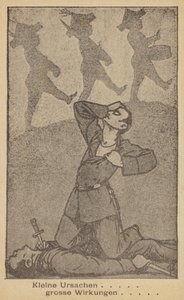 Pequeñas causas, grandes efectos. Ilustración alemana contra la guerra, publicada por WILPF (Liga Internacional de Mujeres por la Paz y la Libertad), finales de los años 20 (litografía).