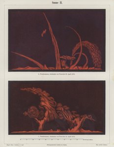 Protuberancias solares observadas por el artista y astrónomo francés Etienne Leopold Trouvelot el 15 y 29 de abril de 1872 de German School