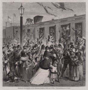 Soldados de la Gardelandwehr prusiana recibidos en la estación de Potsdam, Berlín, a su regreso de la Guerra Franco-Prusiana, 22 de marzo de 1871 (grabado) de German School