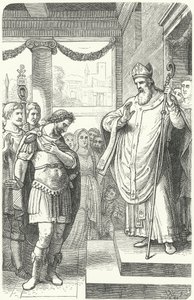 San Ambrosio impidiendo al emperador romano Teodosio I entrar en la Catedral de Milán como castigo por la Masacre de Tesalónica, 390 de German School