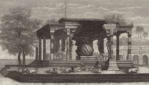 Estatua del toro sagrado Nandi en un templo hindú en Tanjore, India. Ilustración para Bilder-Atlas de German School