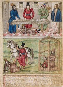 Sultan Bayezid (Bajazet) I (circa 1360-1389) es hecho prisionero por Tamerlán (1336-1405) (o Timur Lang, ""Timur el cojo") después de la batalla de Ankara en 1402. Acuarela sobre pergamino del siglo XVI. maestro alemán. Colección privada