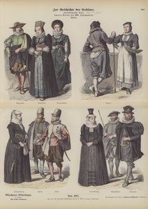 Trajes suizos, mediados del siglo XVII (grabado coloreado) de German School