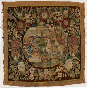Funda de cojín de tapiz que representa a David y Abigail, Samuel XXV, hecho posiblemente en Hamburgo, Alemania, c.1615 (lana)