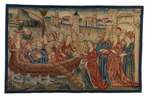 Panel de tapiz que representa el Encuentro de Santa Úrsula y el príncipe Arterio en Mayence, procedente de Renania Media, finales del siglo XV (lana e hilo metálico).