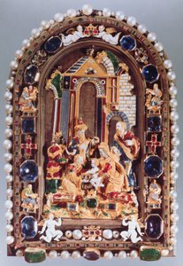 La Adoración de los Reyes, placa de relieve enmarcada con figuras en miniatura de los cuatro Evangelistas y putti alternando con zafiros, de Múnich