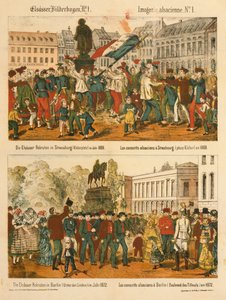 Los reclutas de Alsacia en Estrasburgo (Kleberplatz) en 1869 y en Berlín (Unter den Linden) en 1872, de Elsaesser Bilderbogen, publicada por A. Schneider, Estrasburgo, 1873