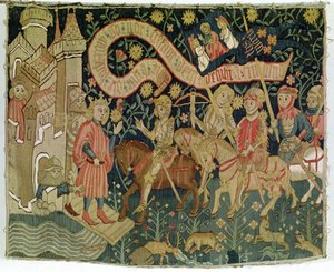 La llegada de Juana de Arco (c.1412-31) al castillo de Chinon el 6 de marzo de 1423, recibida por Carlos VII (1403-61), fabricada en la época de La Doncella de German School