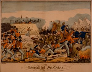 La batalla de Fredericia durante la Primera Guerra de Schleswig, 6 de julio de 1849, Neuruppiner Bilderbogen, publicada por Oehmigke & Riemschneider, c.1850 de German School