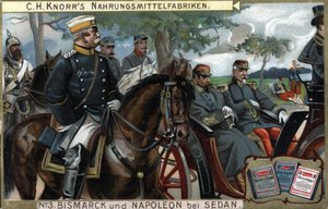 La Batalla de Sedan, Guerra de 1870: El General Otto von Bismarck (1815-1898), Rey de Prusia escoltando al Emperador Napoleón III (Louis Napoleón Bonaparte) de German School