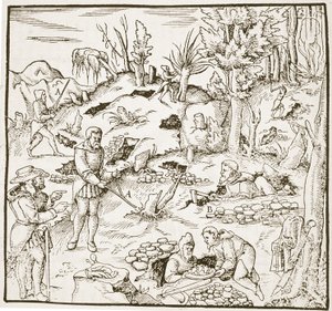 La vara de adivinación, de Bergwerk Buch por Georg Agricola, Frankfurt 1580, ilustrado en una Historia de la Magia, publicado a finales del siglo XIX de German School
