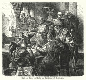 El Emperador Carlomagno rodeado de eruditos y miembros del clero de German School