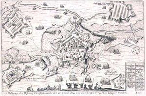 La Fortaleza de Canischa asediada en vano por los Cristianos en 1664, ilustración de un libro sobre las campañas otomanas en Europa, grabado por Paul Furst