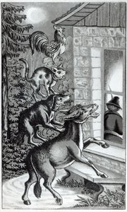 Los cuatro animales gritando en la ventana, ilustración para Los músicos de Bremen, cuento de los hermanos Grimm de German School