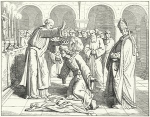 El emperador del Sacro Imperio Romano Germánico Enrique II recibiendo una bendición en el Monasterio de San Vito en Verdún de German School