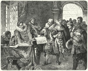 El Emperador del Sacro Imperio Romano Germánico Rodolfo II otorgando mayor libertad religiosa a los protestantes bohemios en su Carta de Majestad de German School