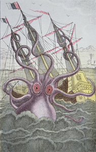 El Kraken arrastra un barco (grabado coloreado) de German School