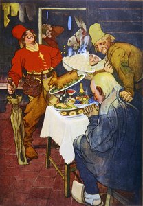 La mesa mágica y el burro de oro, ilustración de un cuento de hadas de los hermanos Grimm de German School