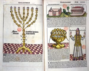 La Menorá y un sacerdote hebreo, de la Crónica de Núremberg por Hartmann Schedel, 1493