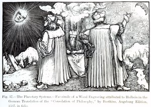 Los sistemas planetarios, de La Consolación de la Filosofía de Boecio, publicada en 1537, ilustración de Ciencia y Literatura en la Edad Media y el Renacimiento, escrita y grabada por Paul Lacroix