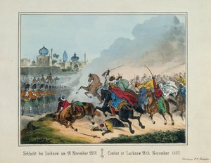 El sitio de Lucknow en Uttar Pradesh durante la Rebelión India de 1857, hoja ilustrada publicada por P.C. Geissler, Núremberg, 1857 de German School