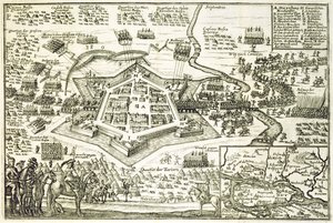 El Sitio de Neuhausel por los Turcos en 1663, ilustración de un libro sobre las campañas otomanas en Europa, grabado por Paul Furst de German School