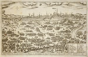 El Sitio de Viena en 1529, ilustración de un libro sobre las campañas otomanas en Europa, grabado por Paul Furst
