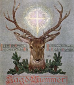 El ciervo de San Huberto (655-727), ilustración de portada de una revista de caza, 1908