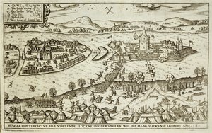 La Ciudad de Tokay Recuperada de los Turcos por Herr Schwendi en 1565, ilustración de un libro sobre las campañas otomanas en Europa, grabado por Paul Furst de German School