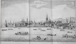 La ciudad de Zúrich, Suiza, del Volumen II de Itinera Alpina por Johann Jacob Scheuchzeri, publicado en 1706