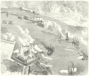 La flota de la Unión atacando Fort Jackson y Fort St Philip, Luisiana, Guerra Civil Americana, 1862 de German School