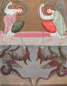 Los ángeles acompañando a San Miguel atacan a los dragones, facsímil del Apocalipsis de Bamberg