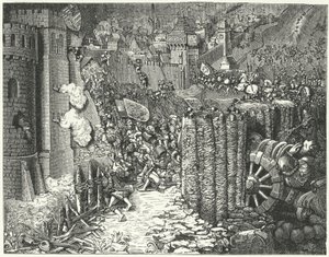 El ejército del Sacro Emperador Romano Maximiliano I asaltando Szekesfehervar, capital medieval del Reino de Hungría de German School