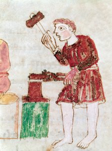 El herrero golpeando hierro en un yunque en miniatura del manuscrito "De Universo" de German School