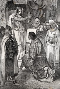 La coronación de Erik XIII de Pomerania como rey de los reinos nórdicos de Suecia, Dinamarca y Noruega, por Margarita I de Dinamarca de German School