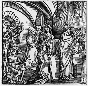Los diablos transcriben la charla de los mercaderes durante la Misa - en "Der Ritter von Turn" del Caballero Marquard vom Stein 1498 de German School