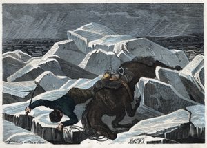 La caída del Conde Sandor y su caballo en el hielo roto del Danubio. En 