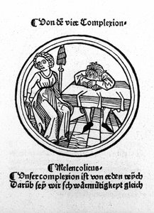 Los cuatro temperamentos: melancólico (triste y deprimido). Xilografía, Augsburgo 1480 de German School
