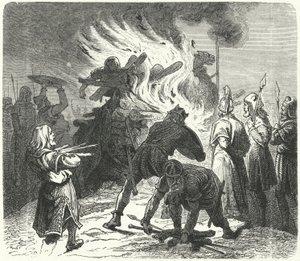 El legendario rey sueco Sigurd Hring quemando el cuerpo de Harald Wartooth después de la Batalla de Bravellir de German School