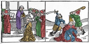 El martirio de San Fabián (siglo III), Papa torturado y decapitado, bajo el reinado del emperador Decio. Grabado de “Leben der Heiligen - sommerteil” (El libro de los santos) de Jacobus de Voragine. Lübeck 1488