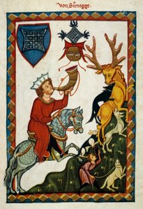 Los placeres de la caza: El Rey Radin de Hohenstaufen, Rey de Sicilia (Italia) y Jerusalén (Israel) bajo el nombre de Conrado II, Duque de Suabia bajo el nombre de Conrado III y Rey de los Romanos bajo el nombre de Conrado V (1252-1268) caza ciervos (ilumi