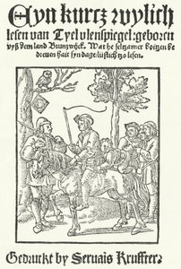 La portada de la edición más antigua conocida en bajo alemán de Till Eulenspiegel, impresa por Servais Kruffter