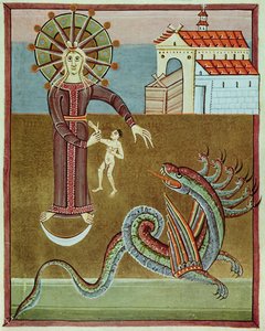 La mujer vestida con el sol siendo atacada por el dragón de siete cabezas, facsímil del Apocalipsis de Bamberg de German School