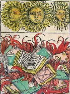 Tres soles y quema de libros, publicado en la Crónica de Núremberg, 1493 de German School